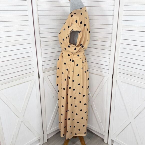 Mango Polka Dot Belted Fit Flare Midi Dress Tan Black Small 4 - Picture 3 of 13
